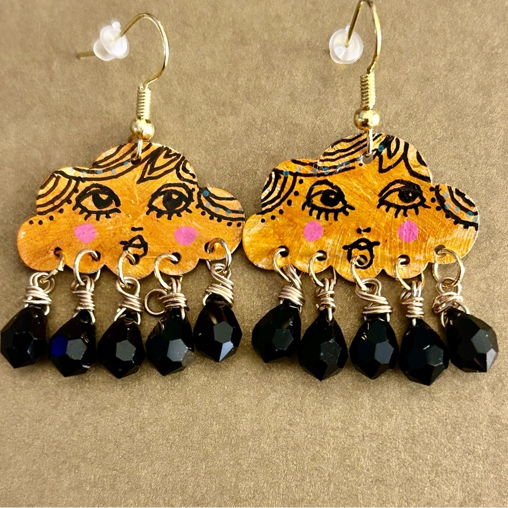 NWOT Earrings “Stormy Weather” orange clouds handpainted oils w faceted beads